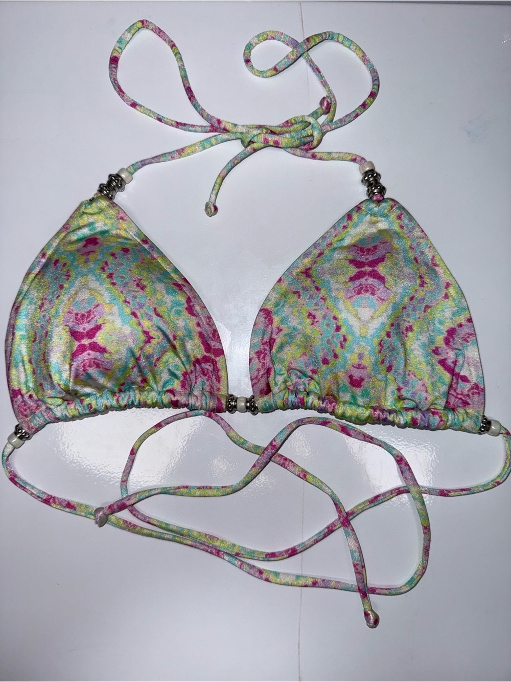 Molori Bikini Top Size Large Pastel Floral Triangle Halter Beaded Y2K Swim